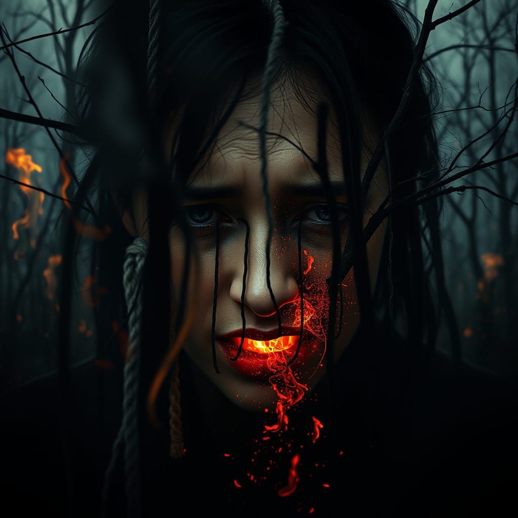 Distraught Witch in Scorched Forest Double Exposure