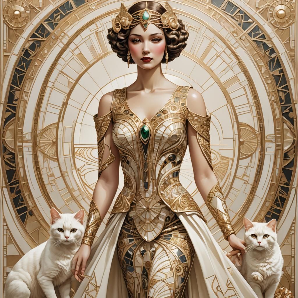 Art Deco Goddess with Geometric Cat