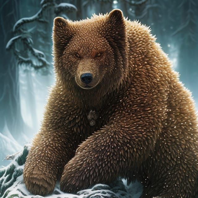 Cyborg Bear in Moonlit Forest, Digital Art