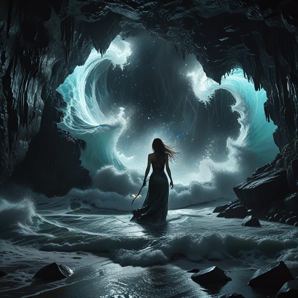 Ethereal Serpent Woman Submerged in Crashing Cave Waves