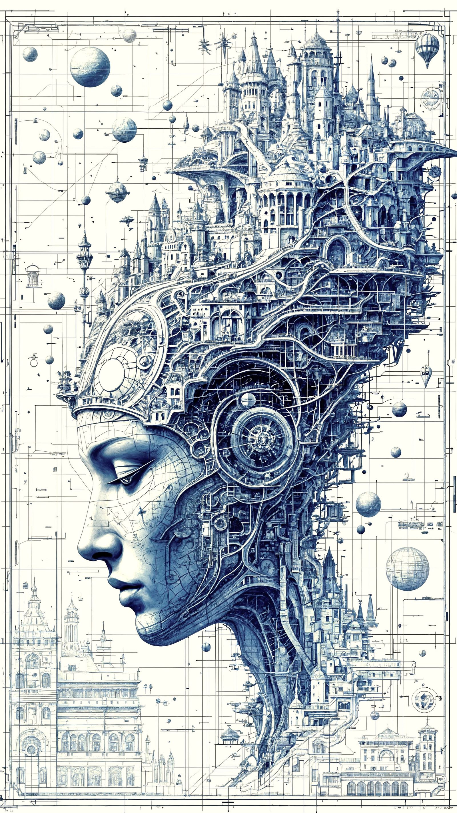 Detailed Spaceman Helmet Blueprint in Op Art Style