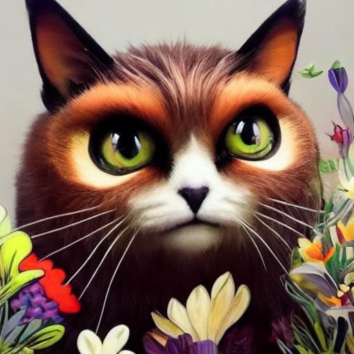 Cute Monster Cat in Flower Field: Fantasy Art