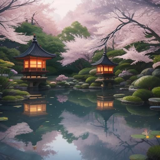 Koi Carp in Tranquil Japanese Garden Pond