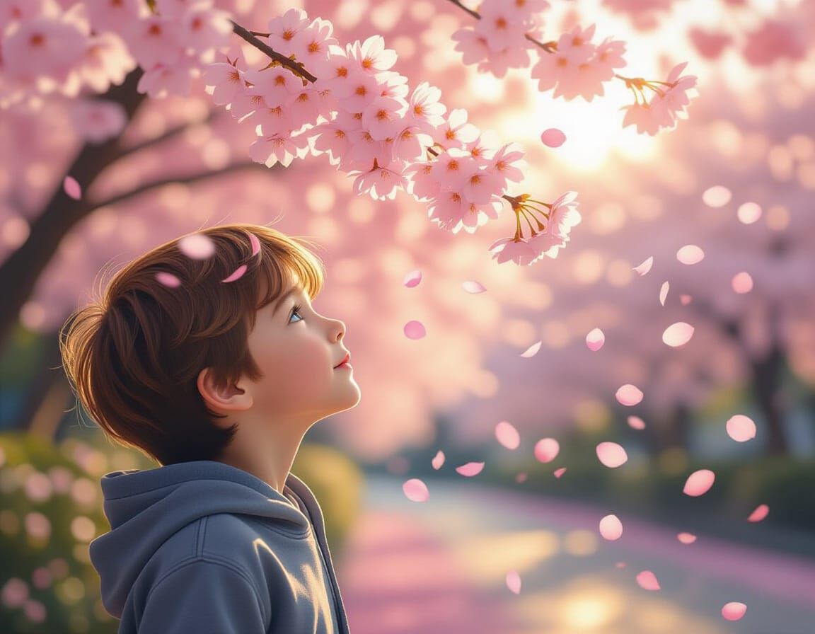 Boy Gazes at Cherry Blossoms in Golden Hour Light