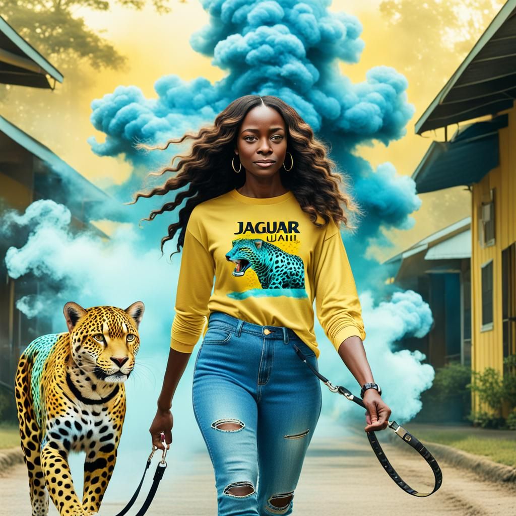 Woman Walking Jaguar in Louisiana Smoke