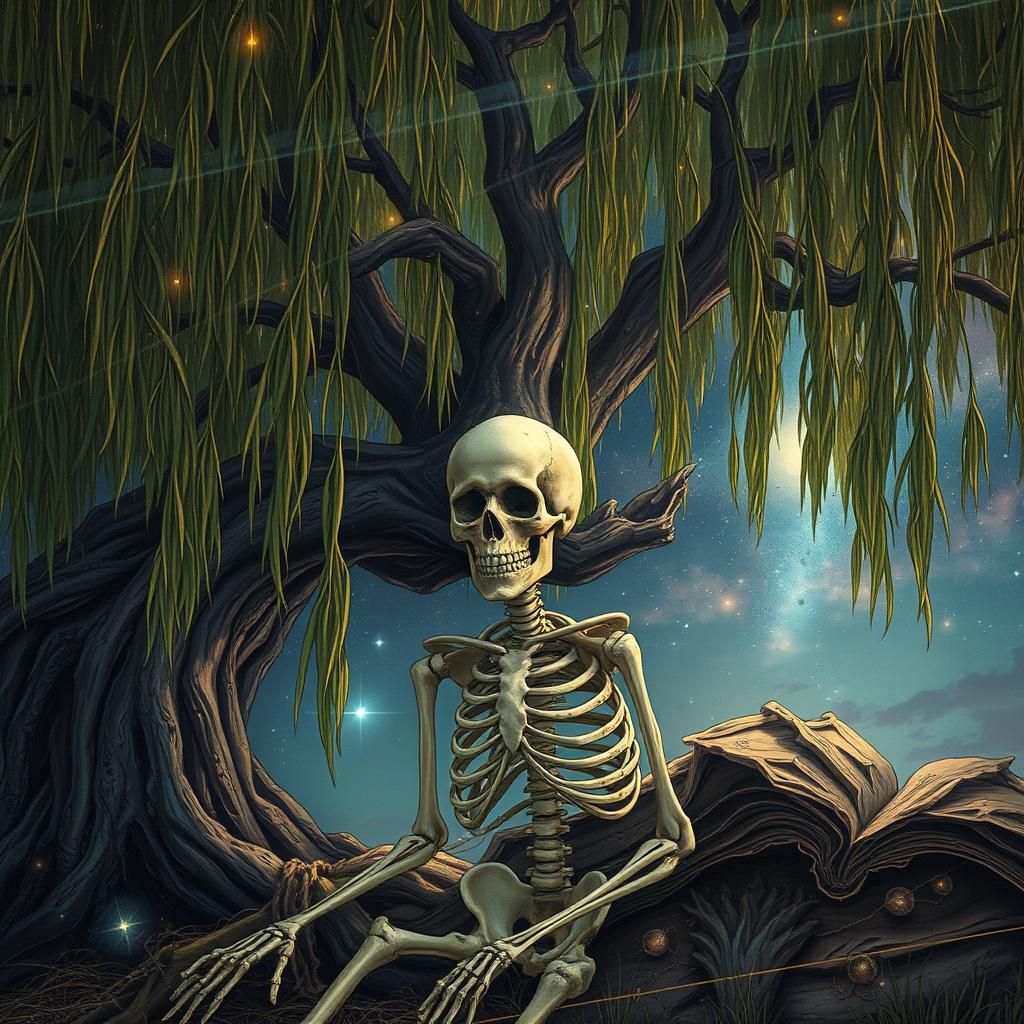 Medieval Skeleton's Lament: Astral Cosmic Illustration