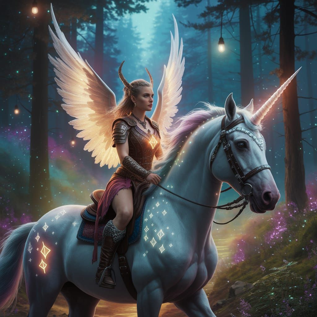 Barbarian Woman Rides Unicorn Through Bioluminescent Forest