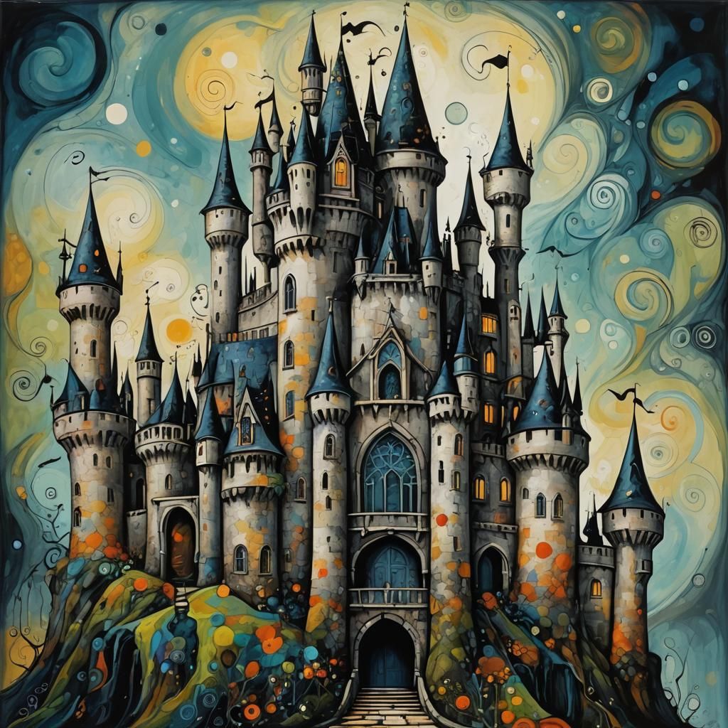 Tim Burton Style Abstract Castle with Complementary Colors