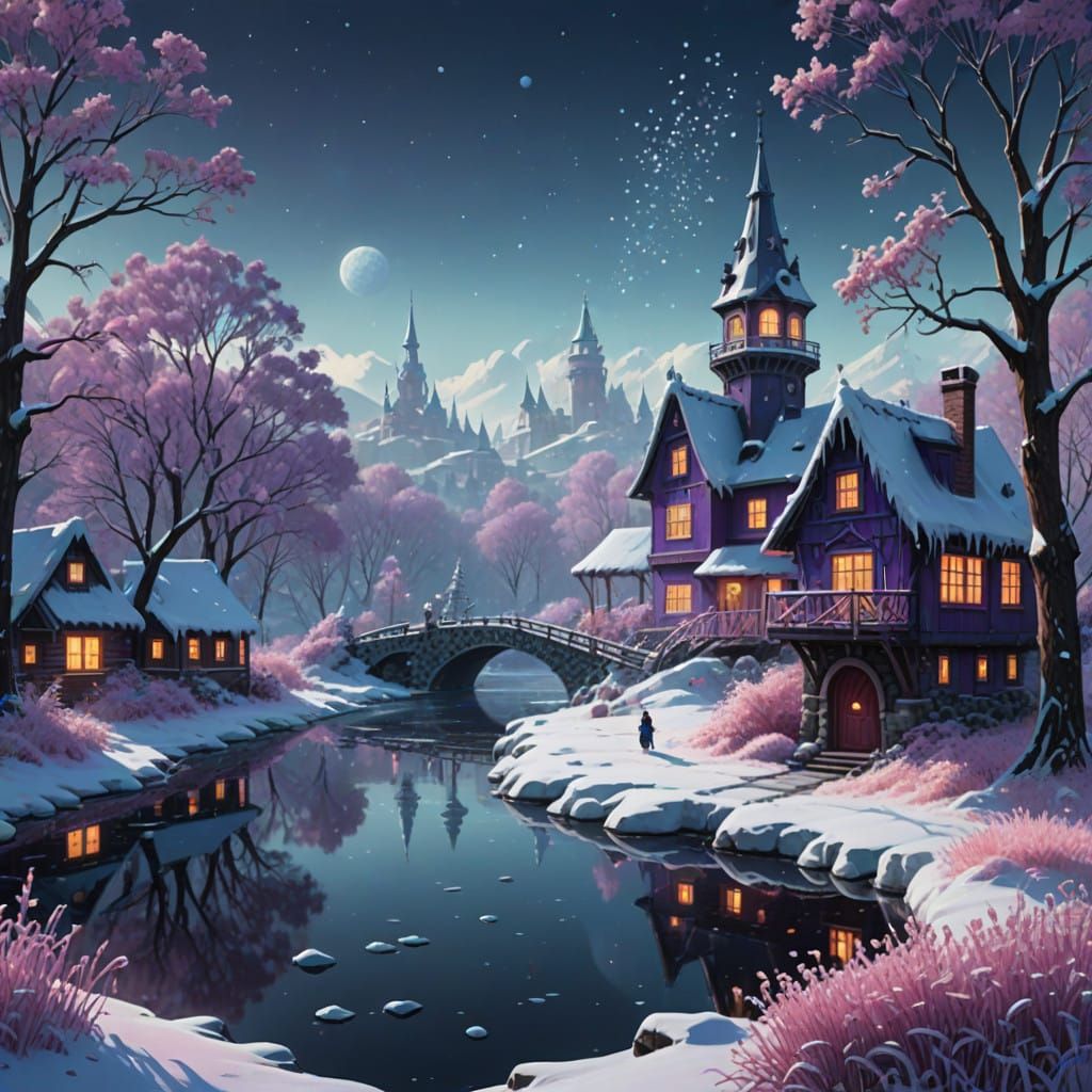 Fantastical Snowman Scene in Vibrant Purple Tones