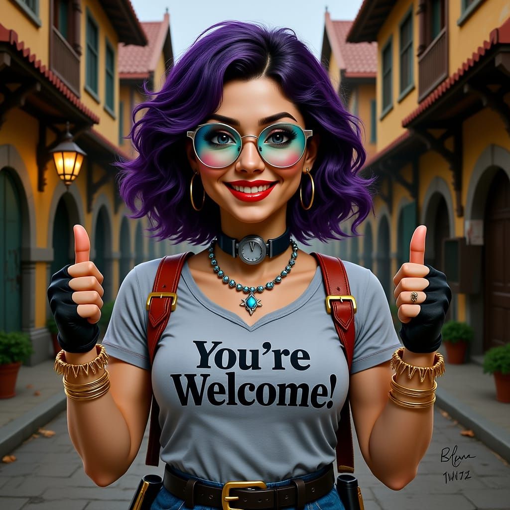 Futuristic Goddess in Medieval Street Scene