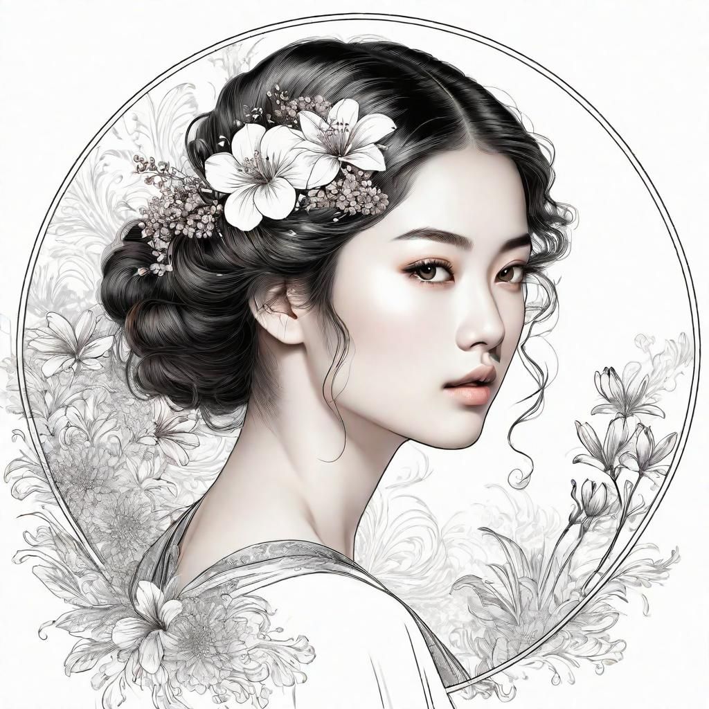 Hyperdetailed Line Art Portrait with Floral Background