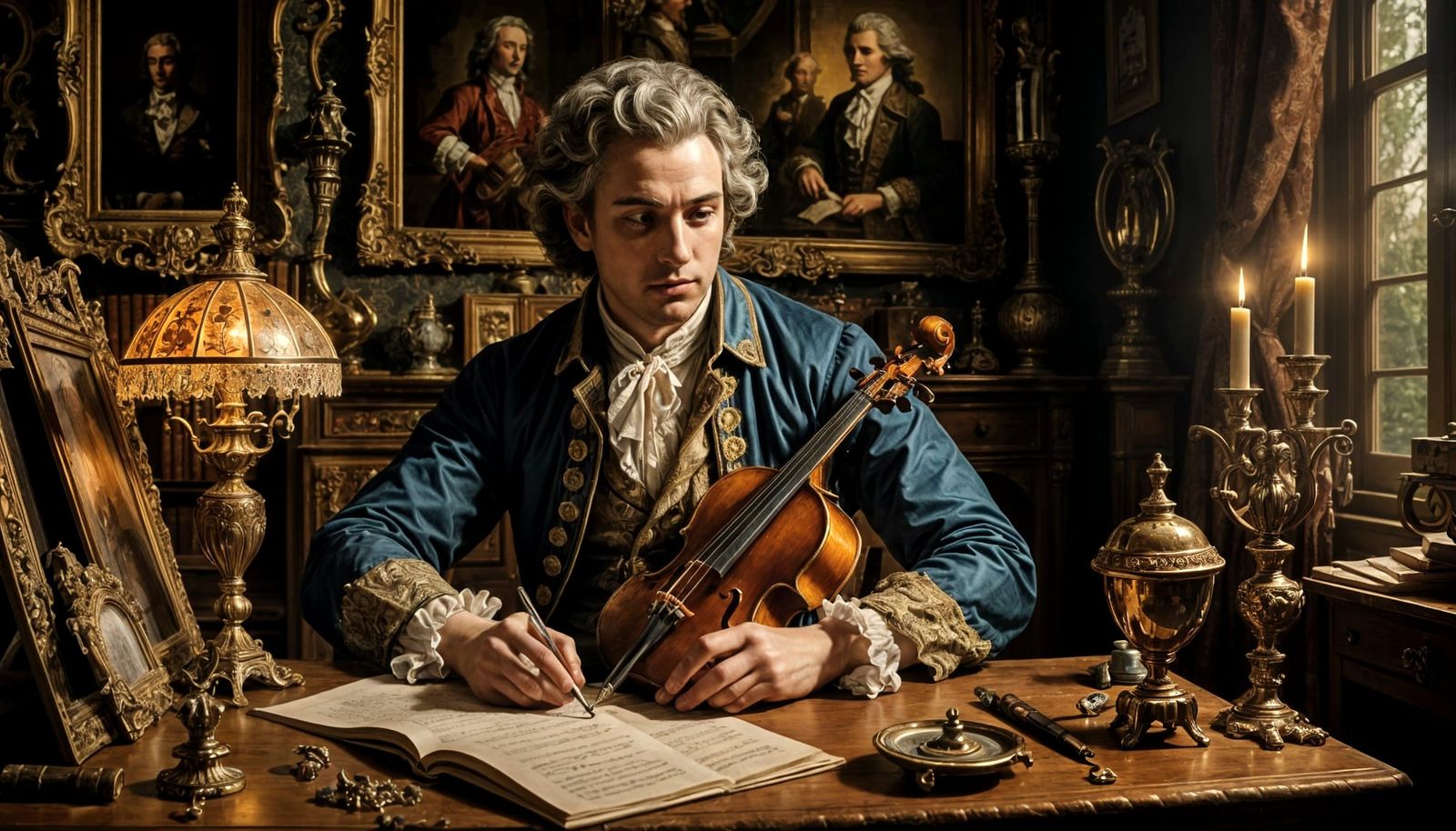 Baroque Composer in Instrument-Filled Study