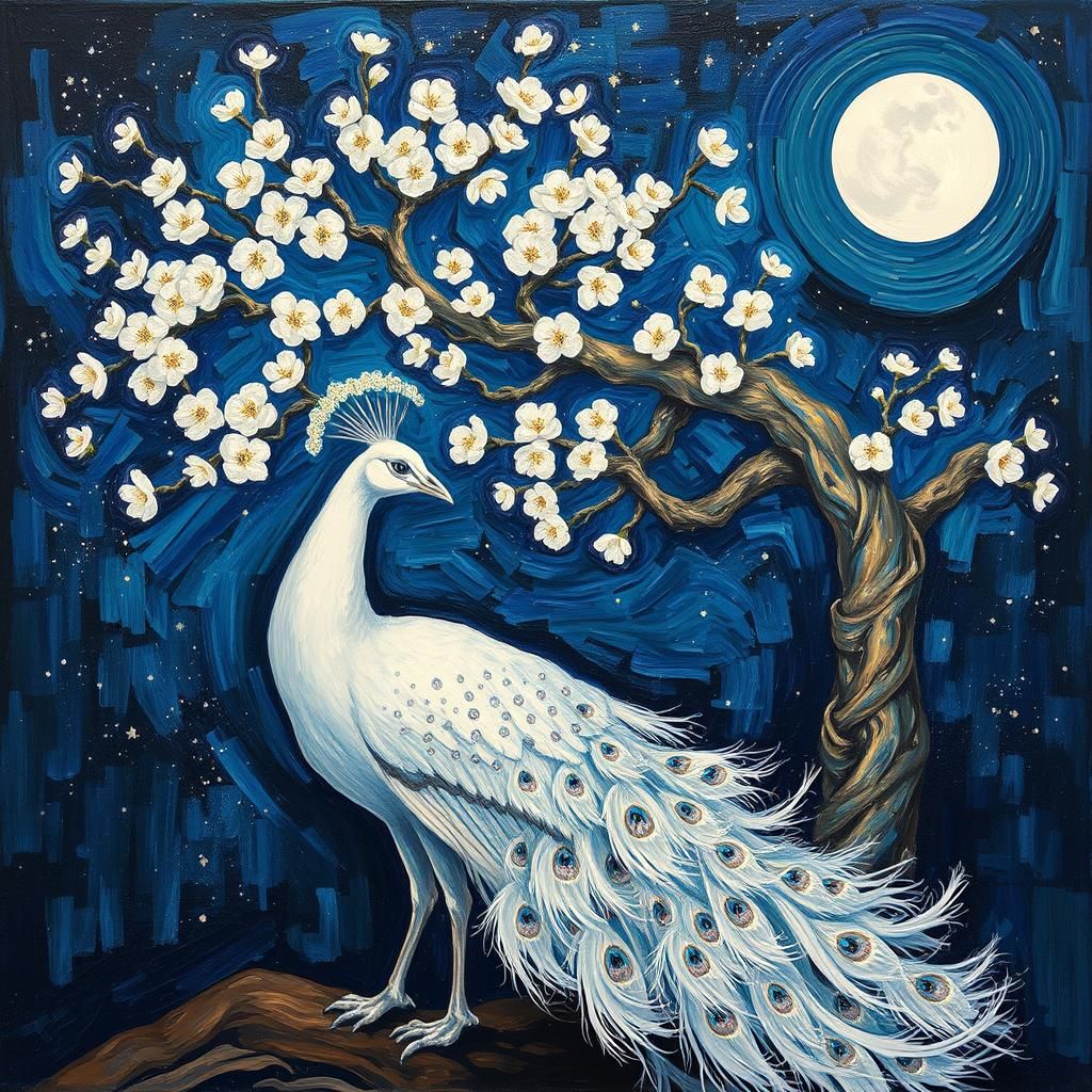 Zodiac Peacock Under Blossoms in Impressionist Style