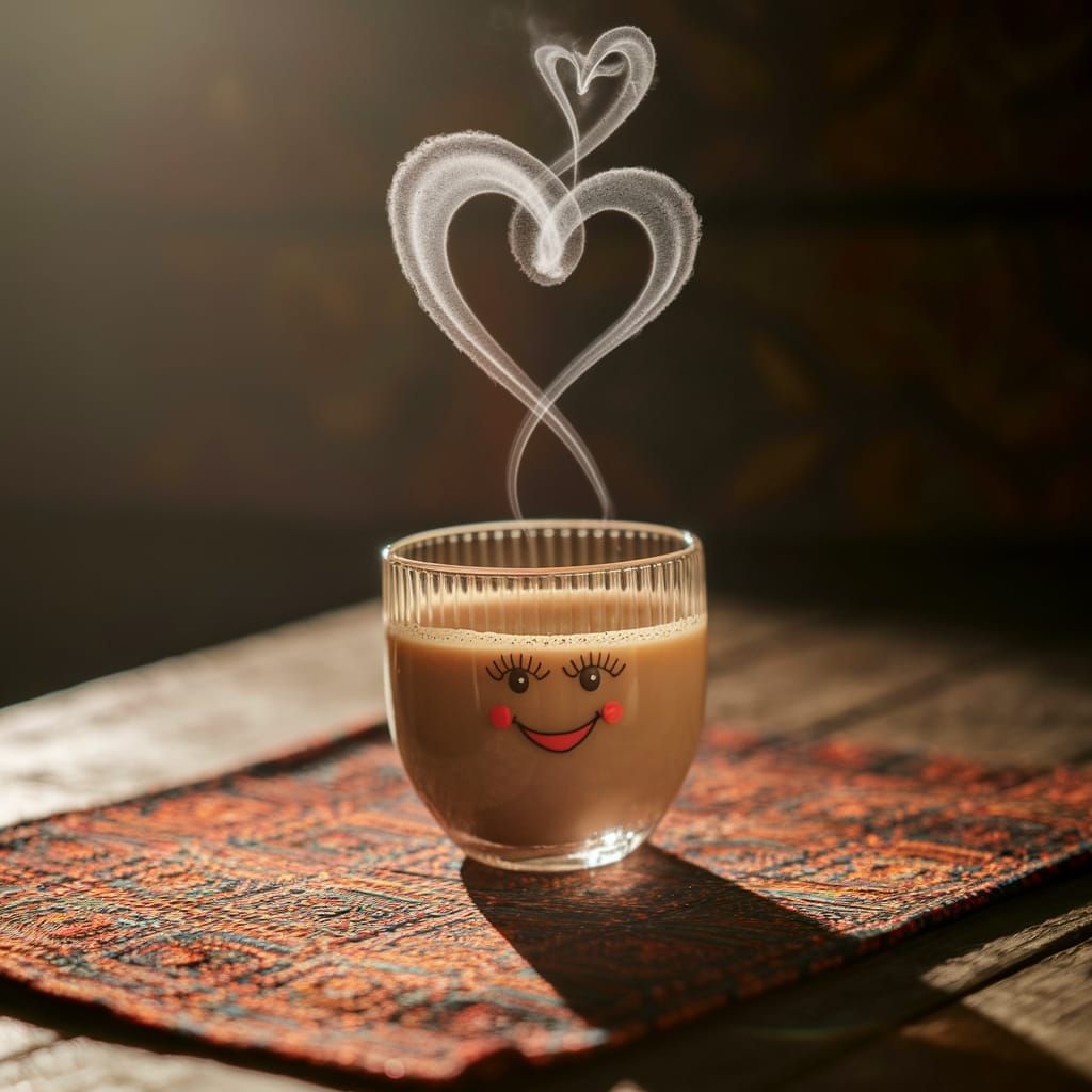 Cute Desi Chai Glass with Smiling Face and Heart Steam