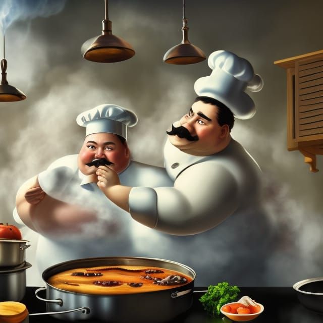 Friendly Cook in Foggy Kitchen, Matte Painting