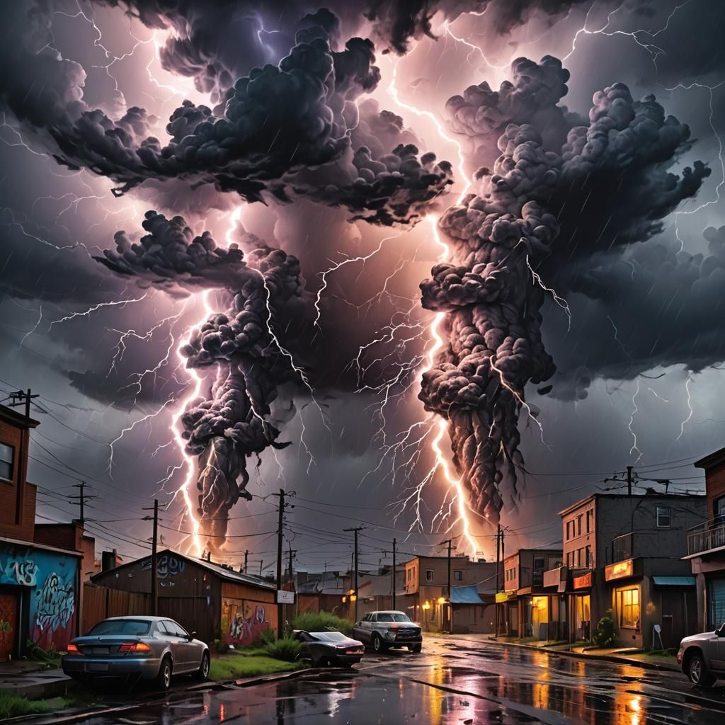 Dramatic Lightning Storm with Tornadoes in Graffiti Style