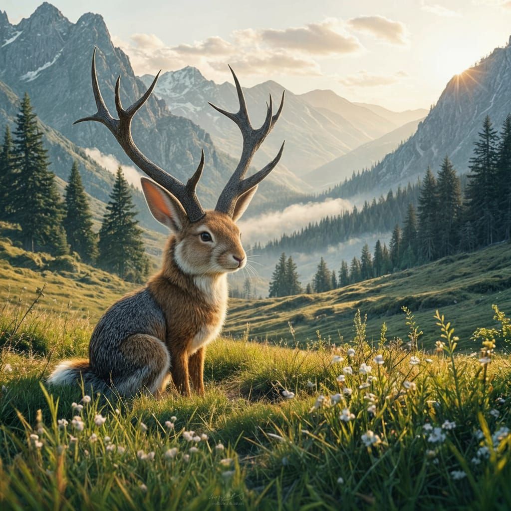 Alert Jackalope in Mountain Valley Morning