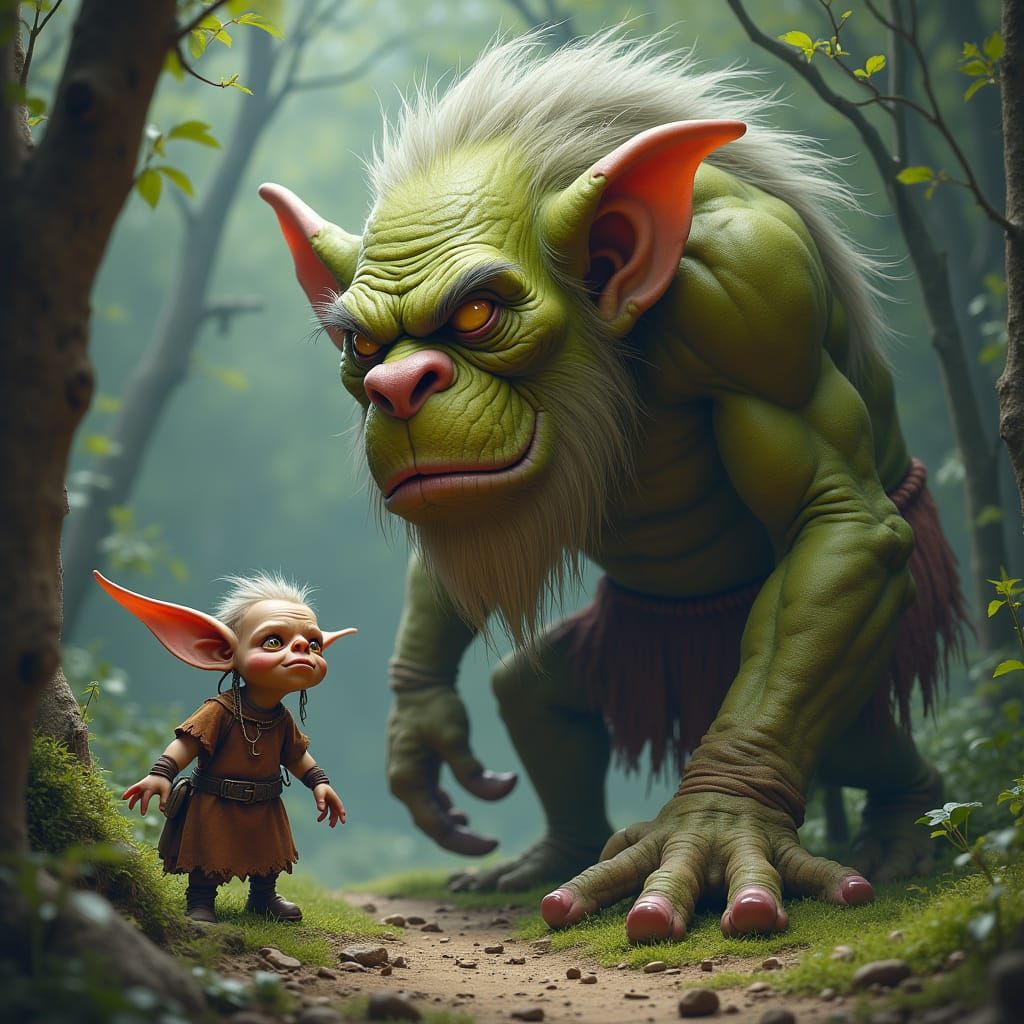 Giant Troll and Miniature Elf