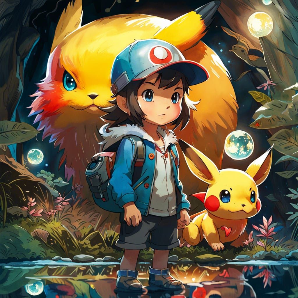 Adorable Pokemon Trainer Portrait in Watercolor Style