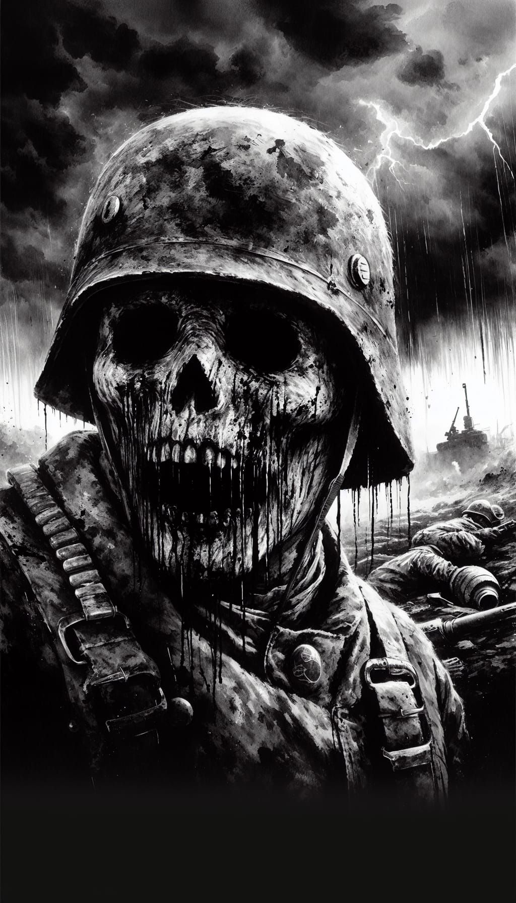 Bleeding Soldier in Death Mask, Ink Painting Style