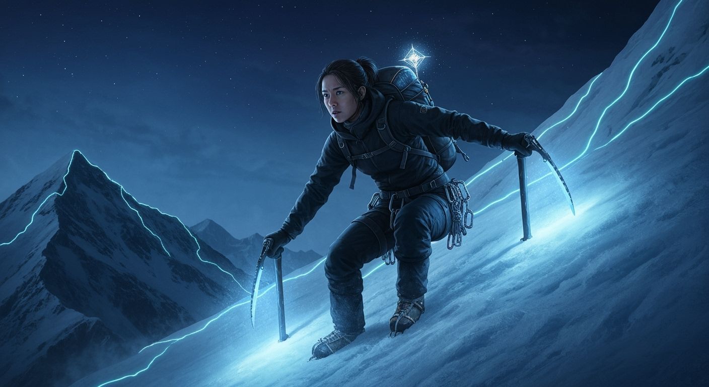Mountaineer Ascends Snowy Peak with Glowing Axes