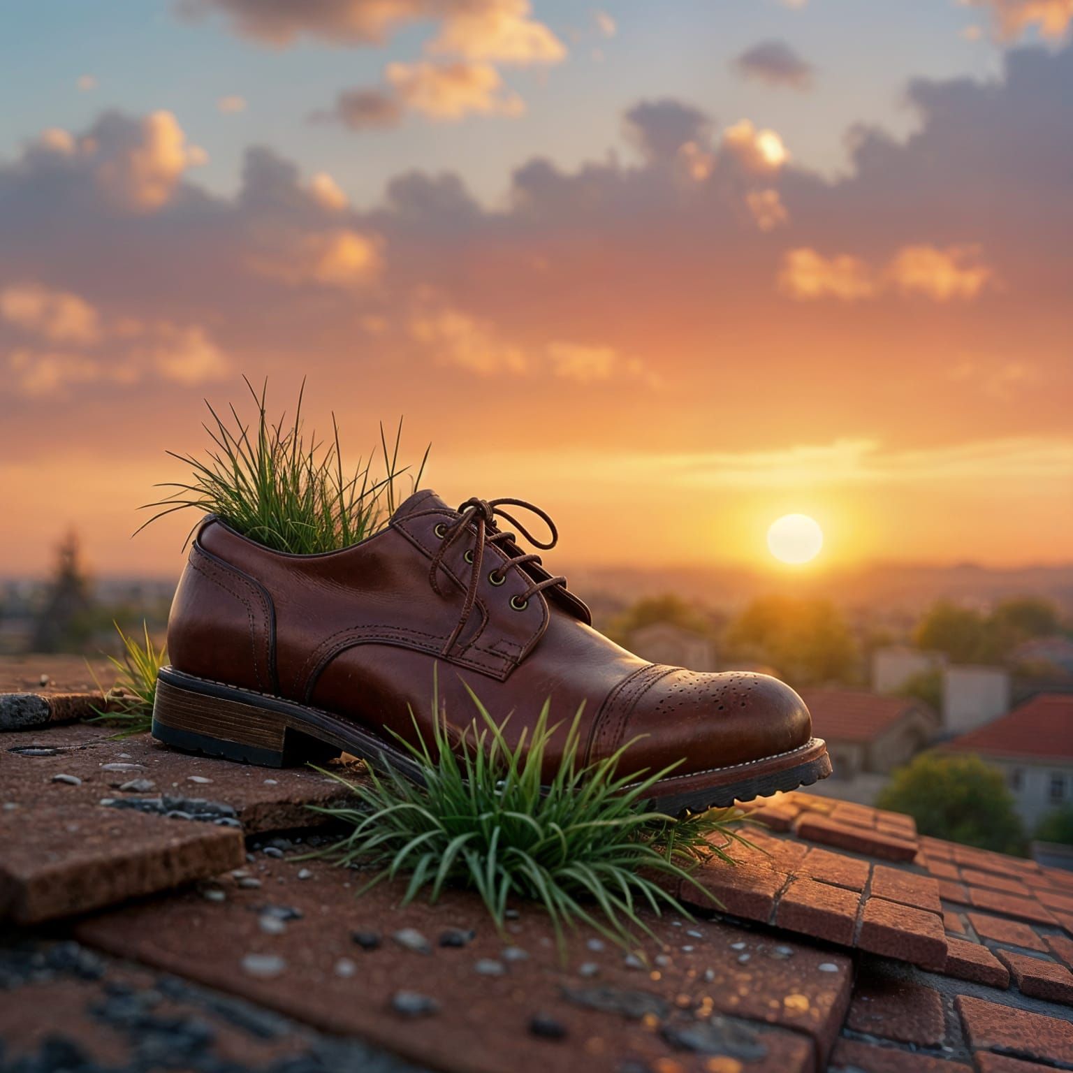 Weathered Shoe with Grass on Rooftop in Hyperrealism