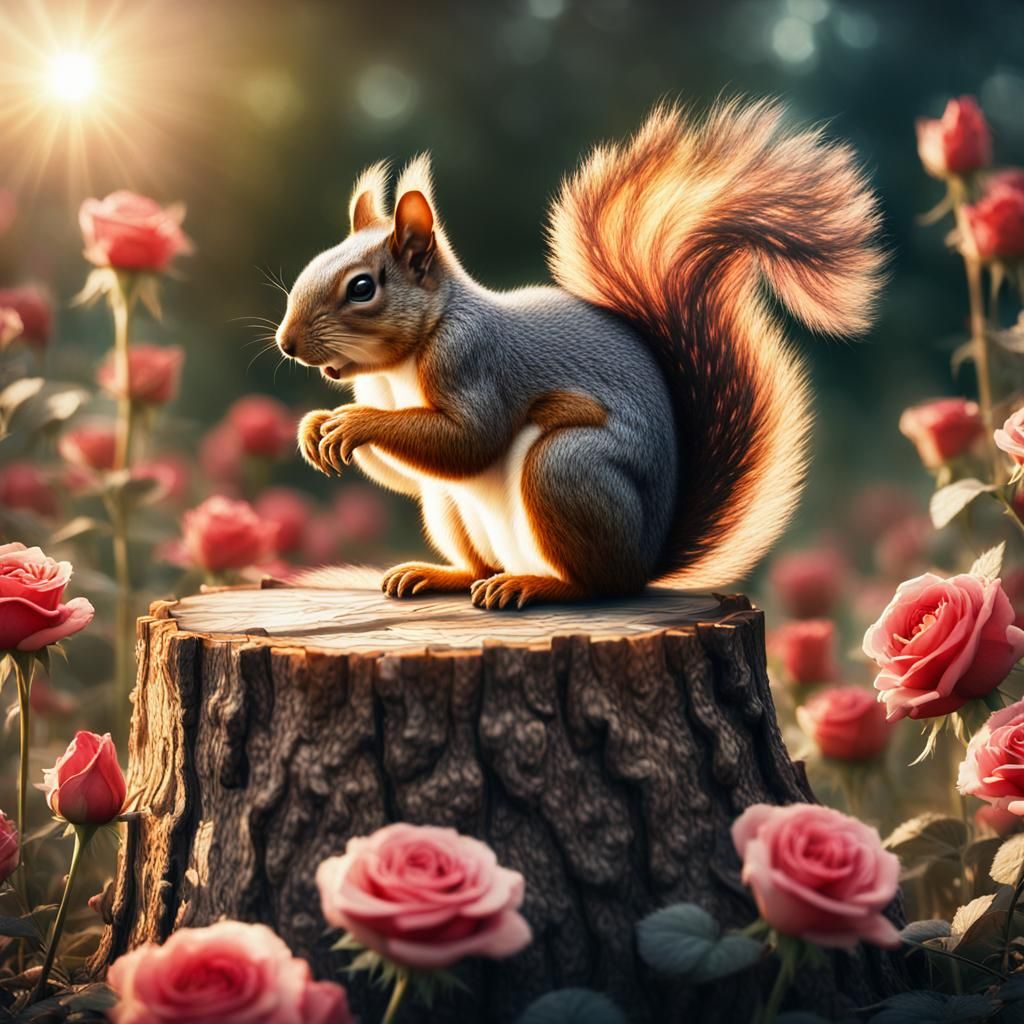 Fantasy Squirrel in Roses, Watercolor Style