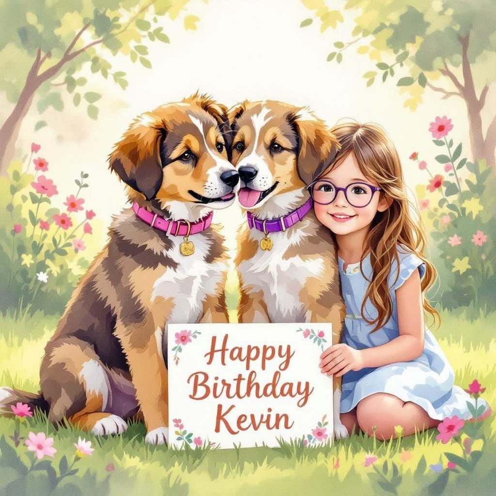 Whimsical Birthday Scene with Two Playful Puppies and a Youn...