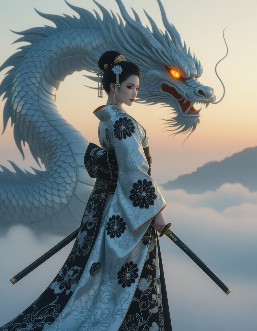 Warrior Woman with Dragon in Fantasy Art Style