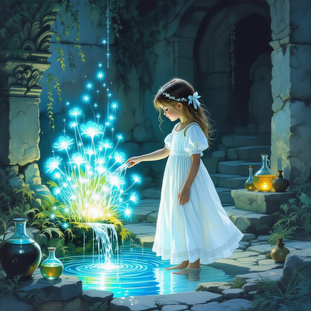 Girl Waters Bioluminescent Plant in Ancient Ruins