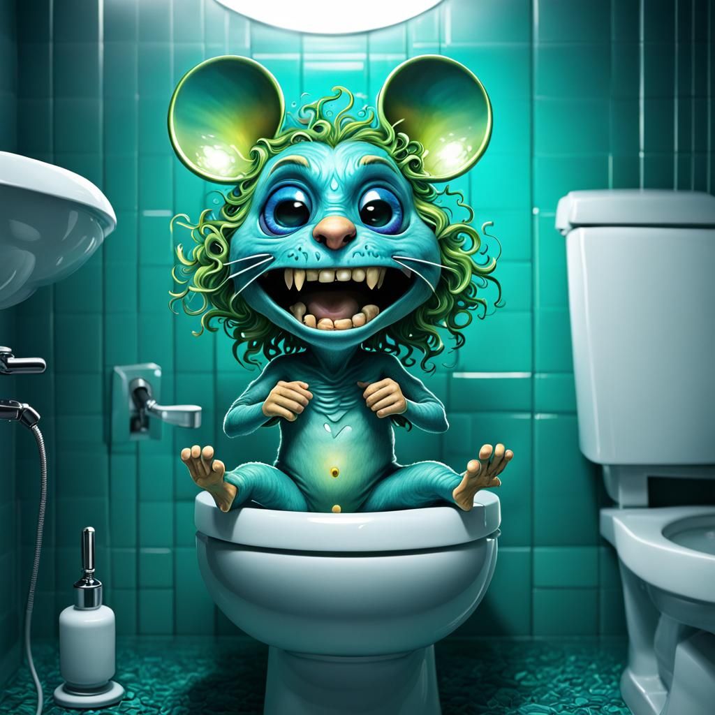 Aqua Chibi Mouse on Toilet: Psychedelic Digital Art