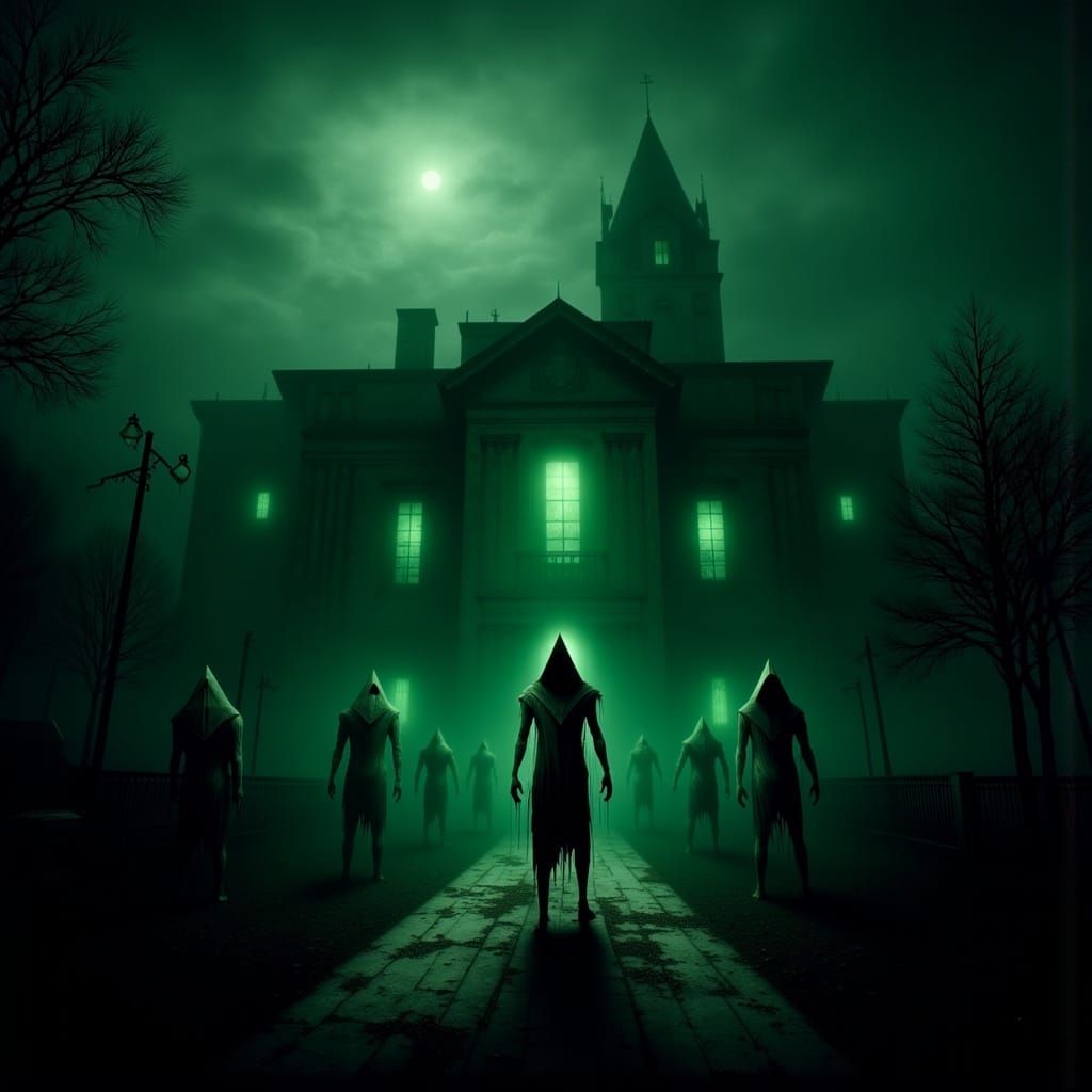 Eerie Horror Hotel with Distorted Figures and Green Lighting