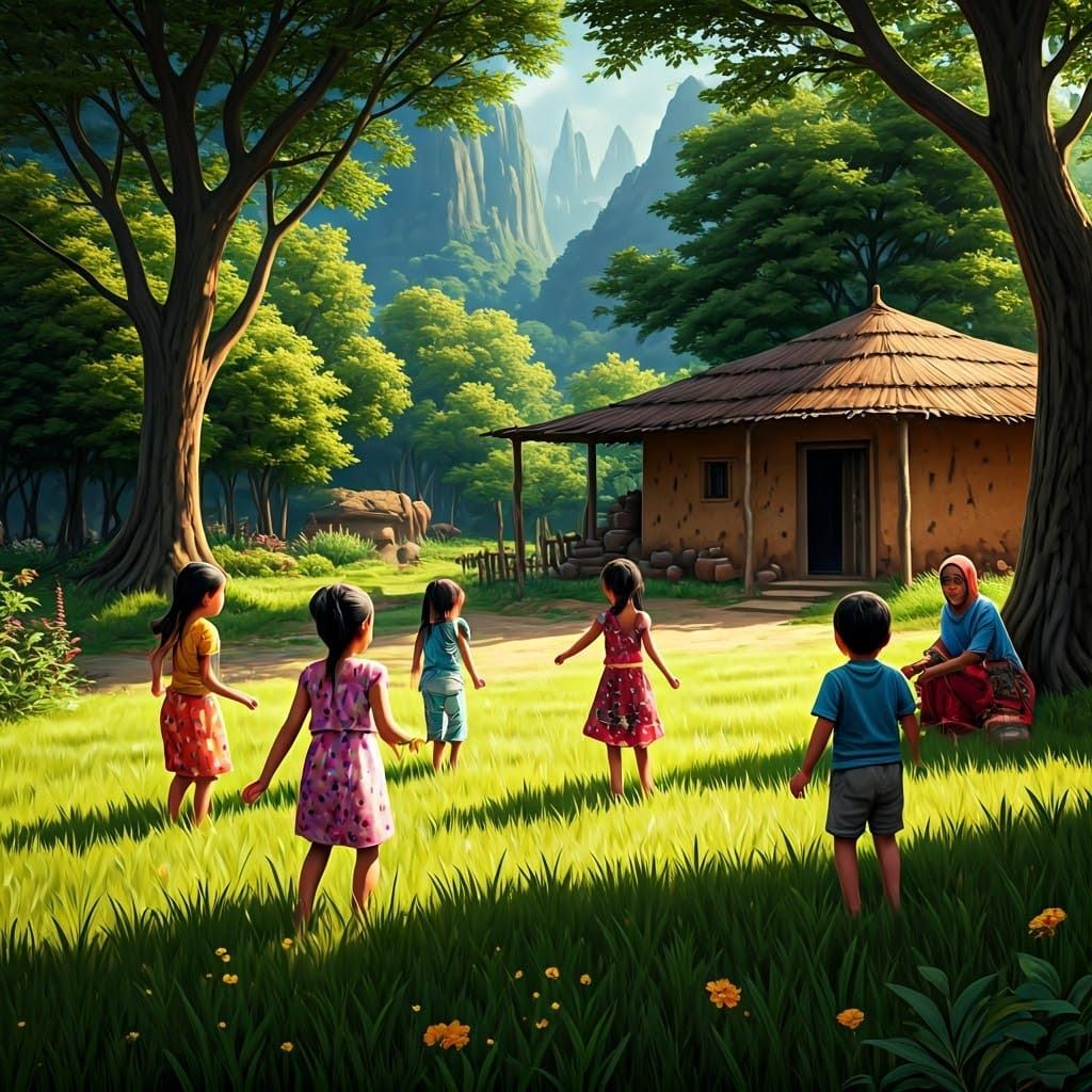 Children Playing in Field, Matte Painting Style