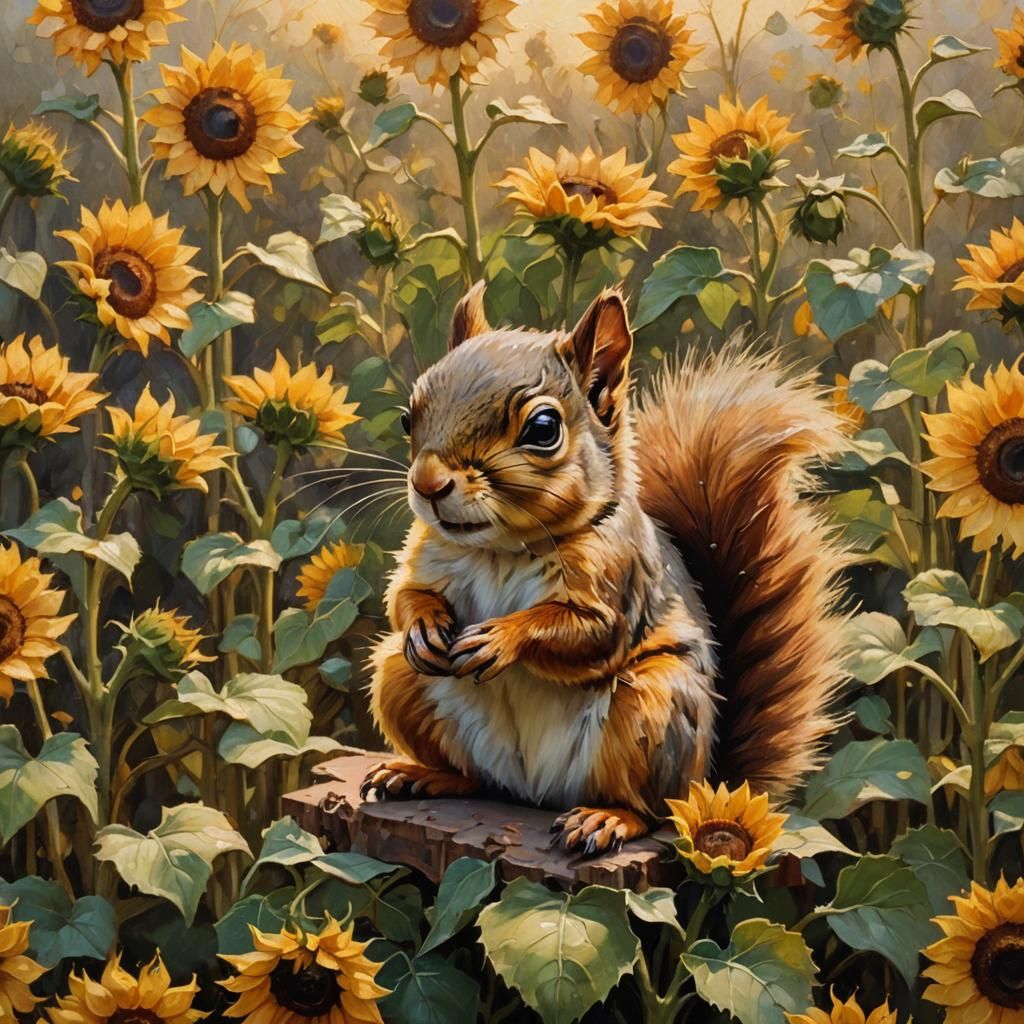 Baby Squirrel in Sunflowers, Impressionist Oil Painting