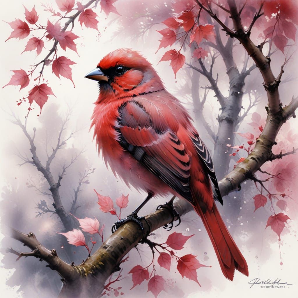 Red Bird in Tree: Watercolour Fantasy Art