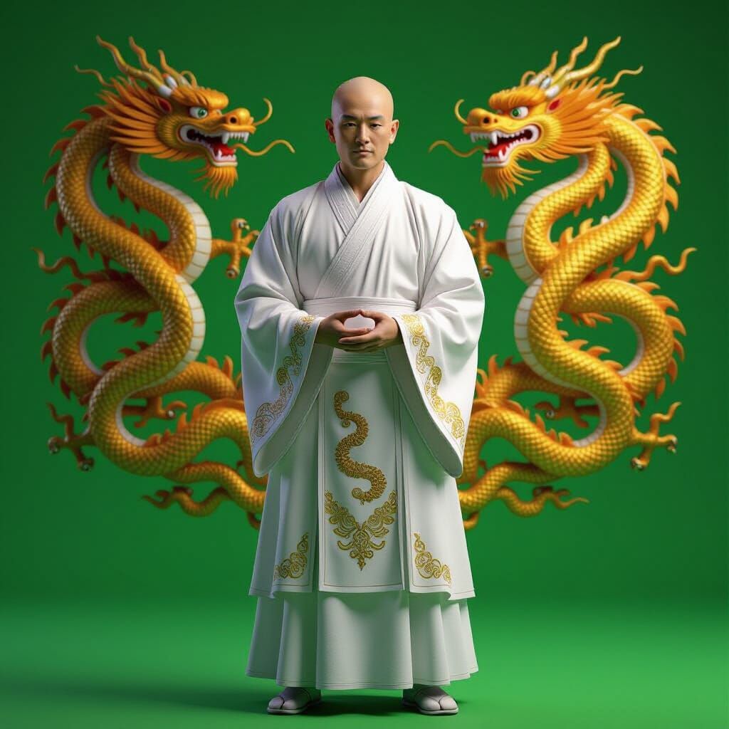 Bald Monk in Gold Dragon Robe Against Green Screen