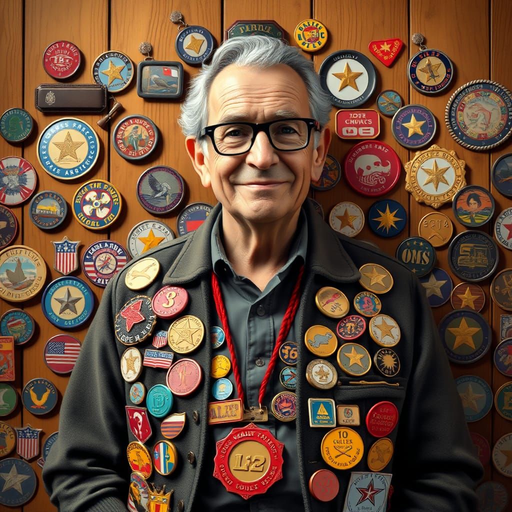 Badge Collector in Nostalgic Folk Art Style