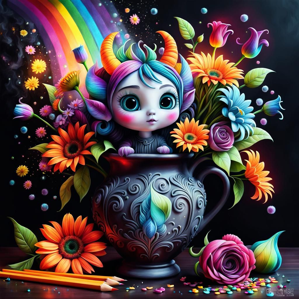 Whimsical Demon with Flowers: A Dark Fantasy 3D Art
