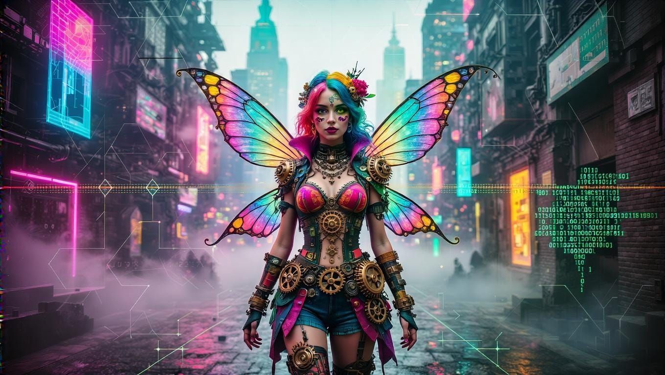 Steampunk Fairy in Techno World with Digital Glitches
