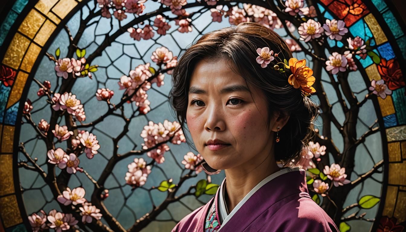 Stained Glass Window with Spring Blossoms