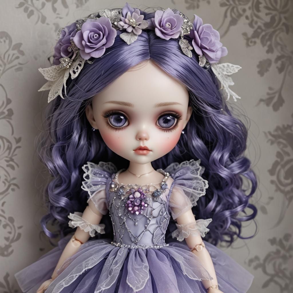 Dancing Blythe Doll with Indigo Hair in Japanese Art Style
