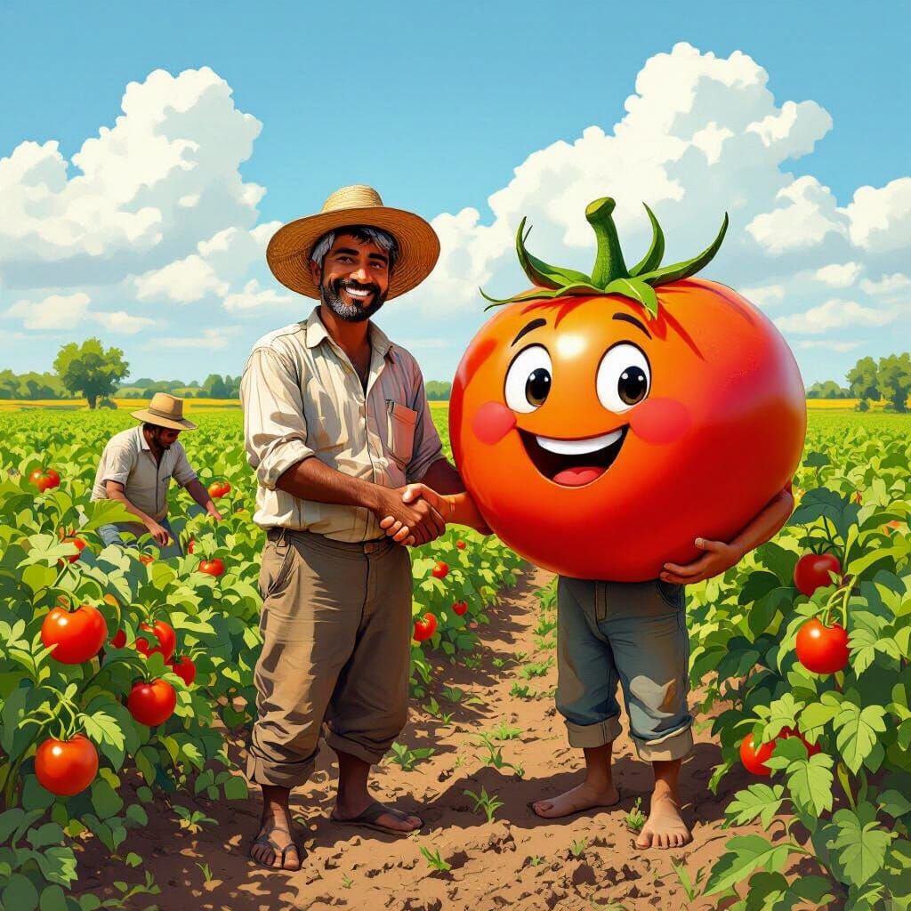 Friendly Farmer and Cartoon Tomato in Field