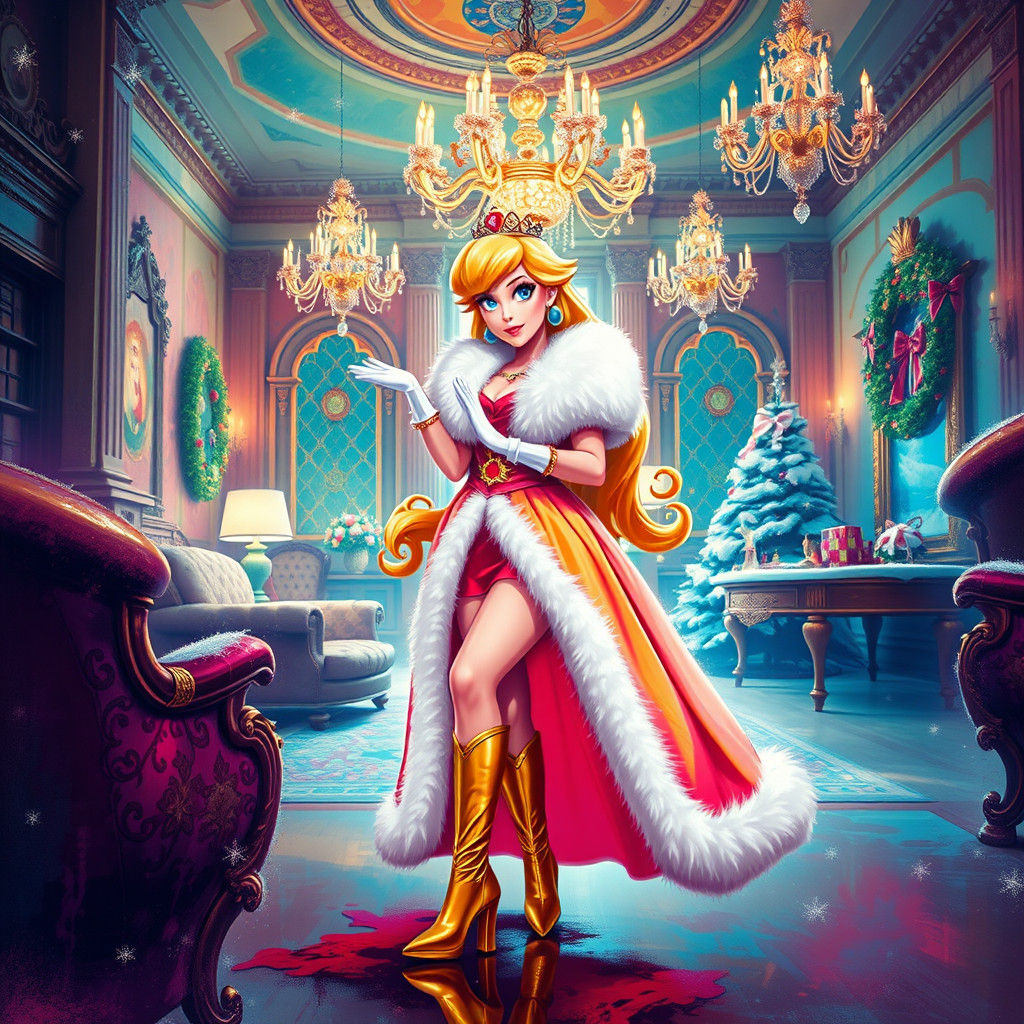 Princess Peach in Opulent Christmas Mansion