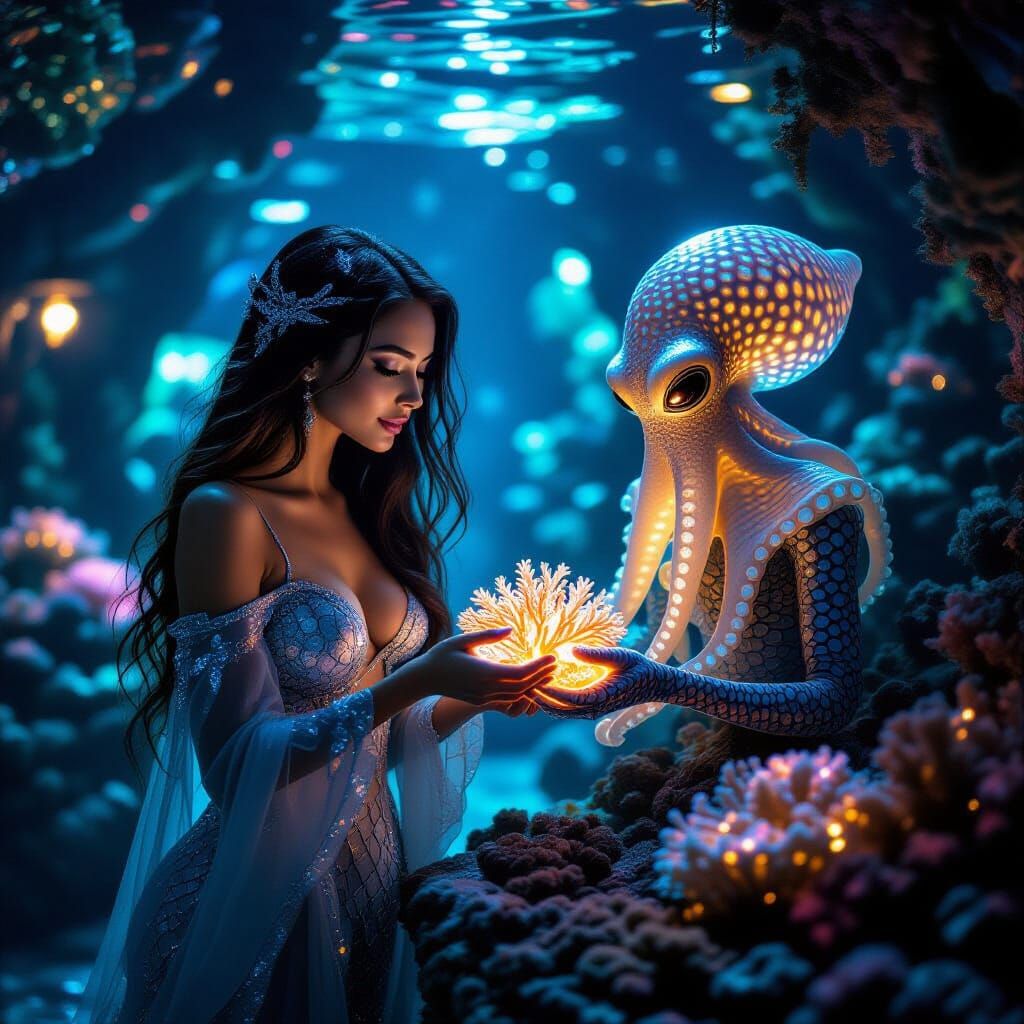 Underwater Alien Marketplace in Bioluminescent City