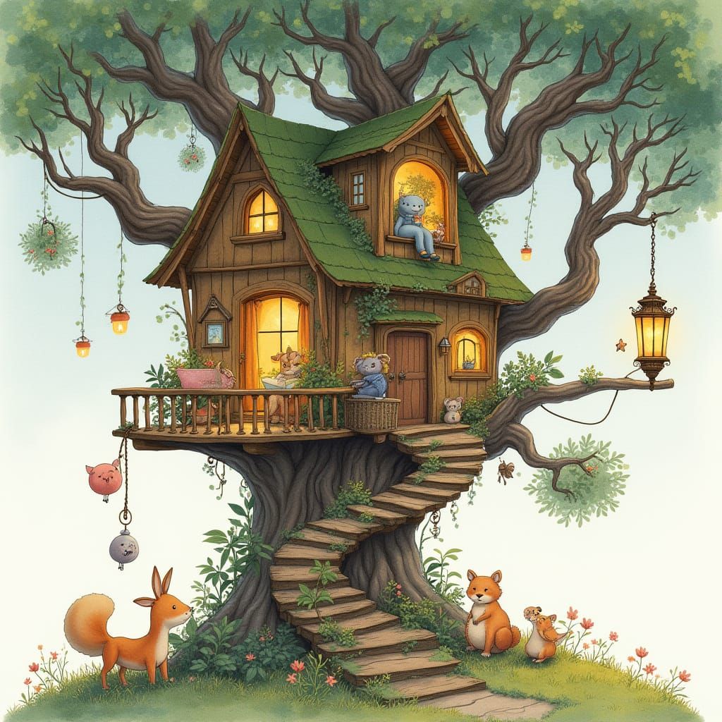 Whimsical Treehouse in Gentle Watercolor Style