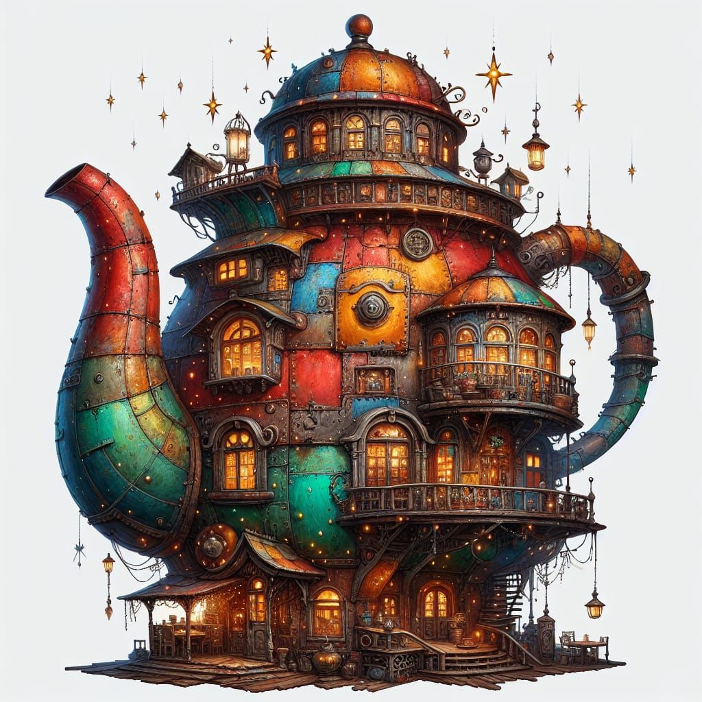 Steampunk Teapot Tea House in Surreal Style