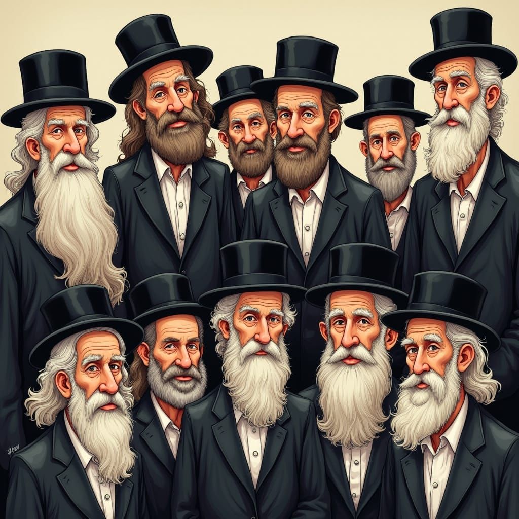 9 Identical Haredi Fathers in Vibrant, Whimsical Attire