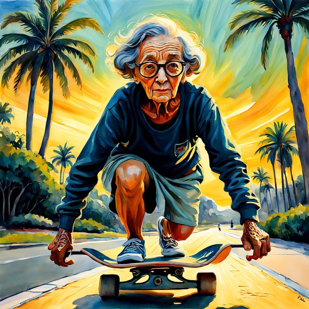 une grand-mère sur une planche à roulette dans un parc luxur...