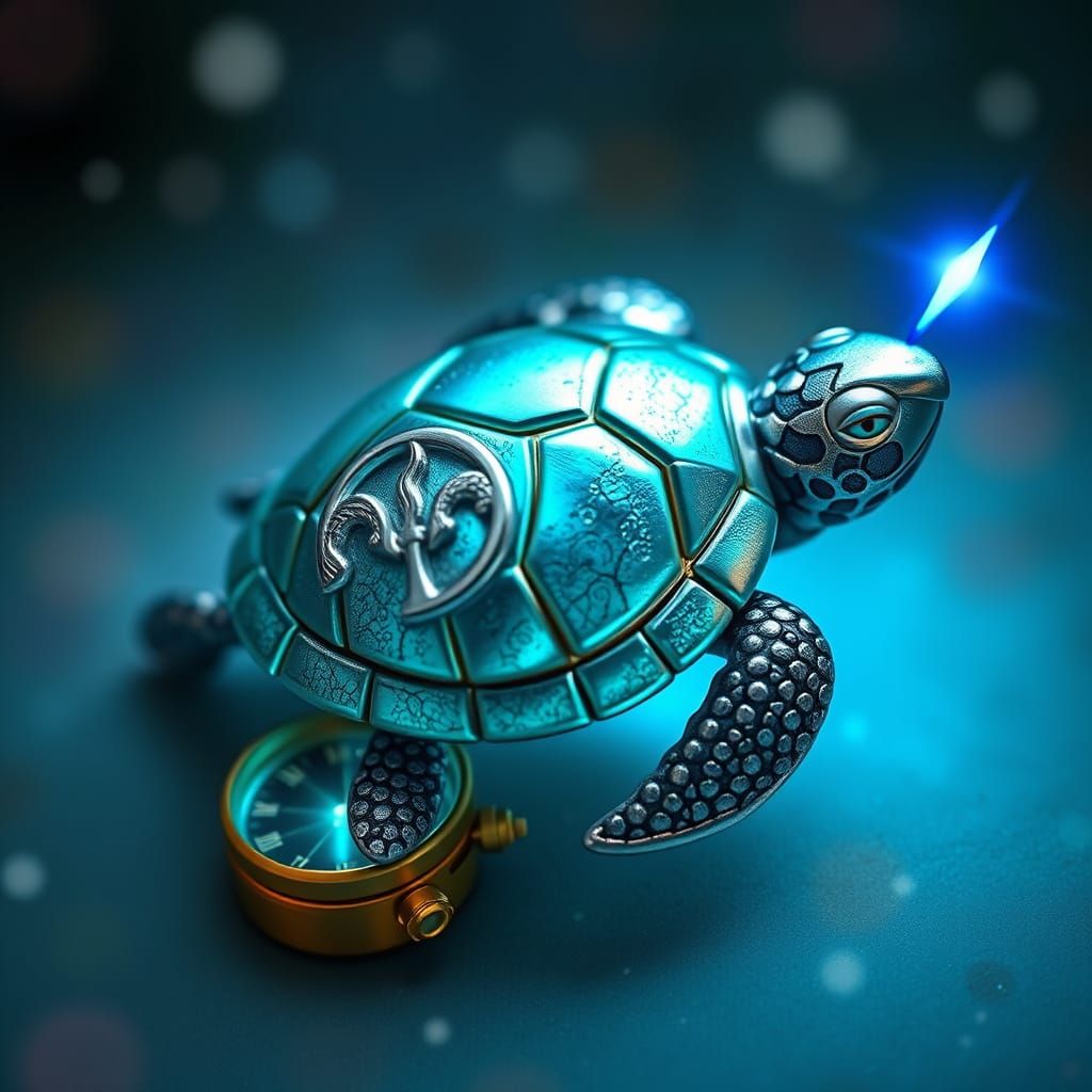 Spirit Turtle with Gemini Symbol in Iridescent Turquoise and...