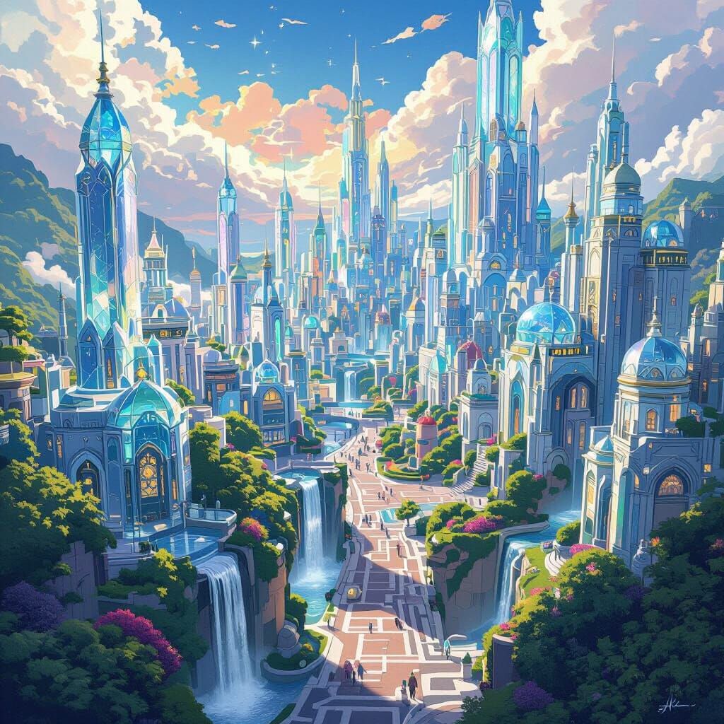 Shimmering Crystal Fantasy City Inspired by Studio Ghibli
